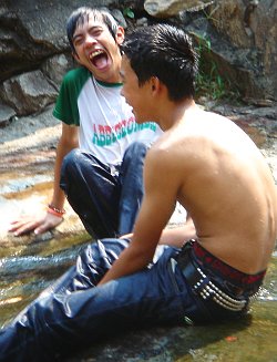 Laughter in wet jeans